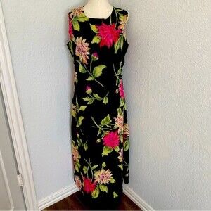 Premier International Floral Tropical Pink Red Black Maxi Dress Slvls SZ 10 12 M